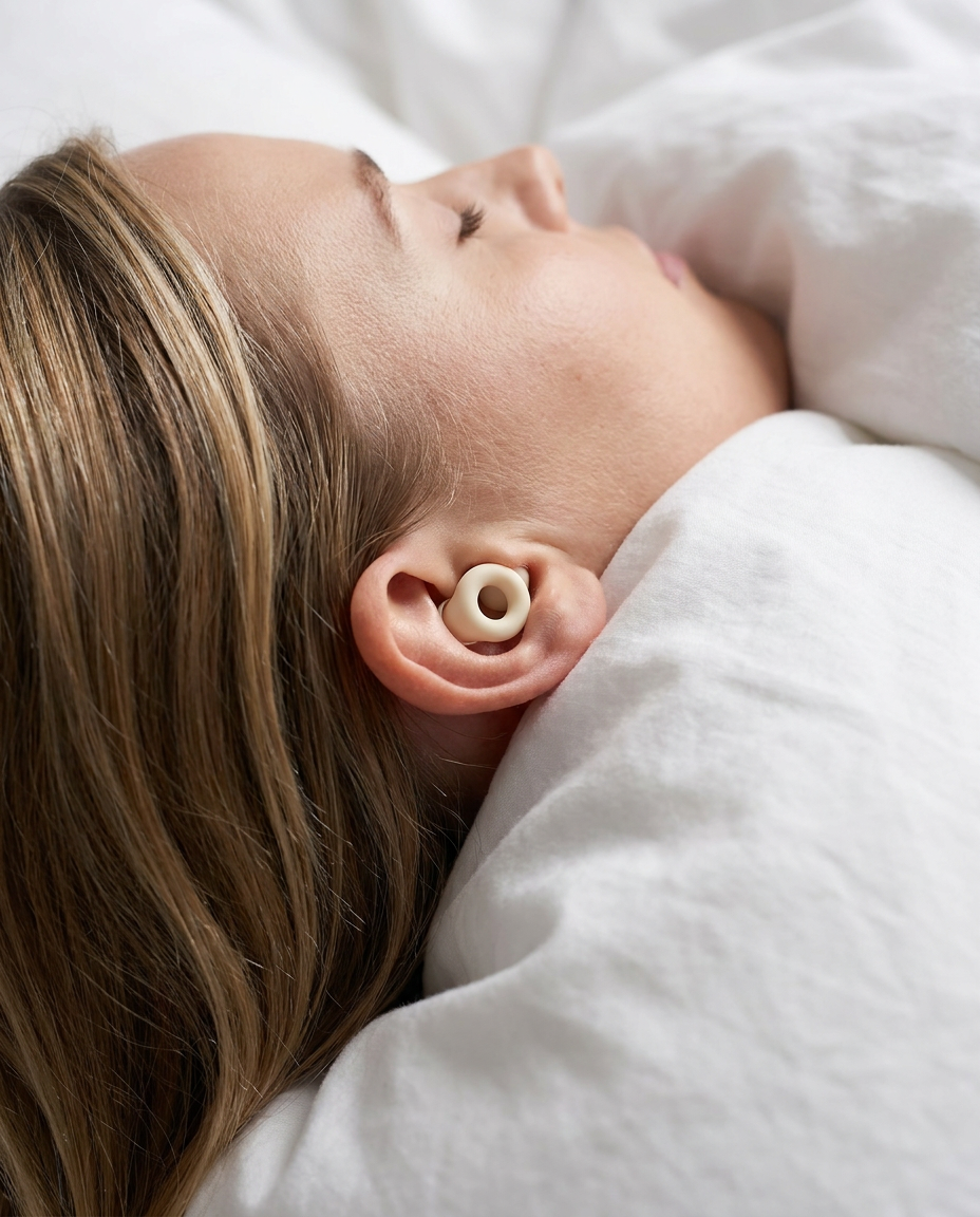A woman asleep on her side wearing a Vespré earplug that sits low in the ear