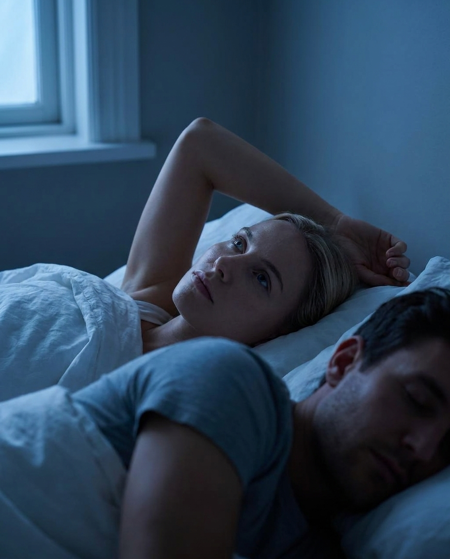 A woman lying awake at night beside her partner, who is asleep and snoring