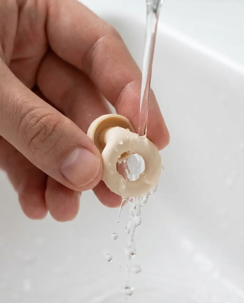 A hand rinsing a silicone earplug under running water