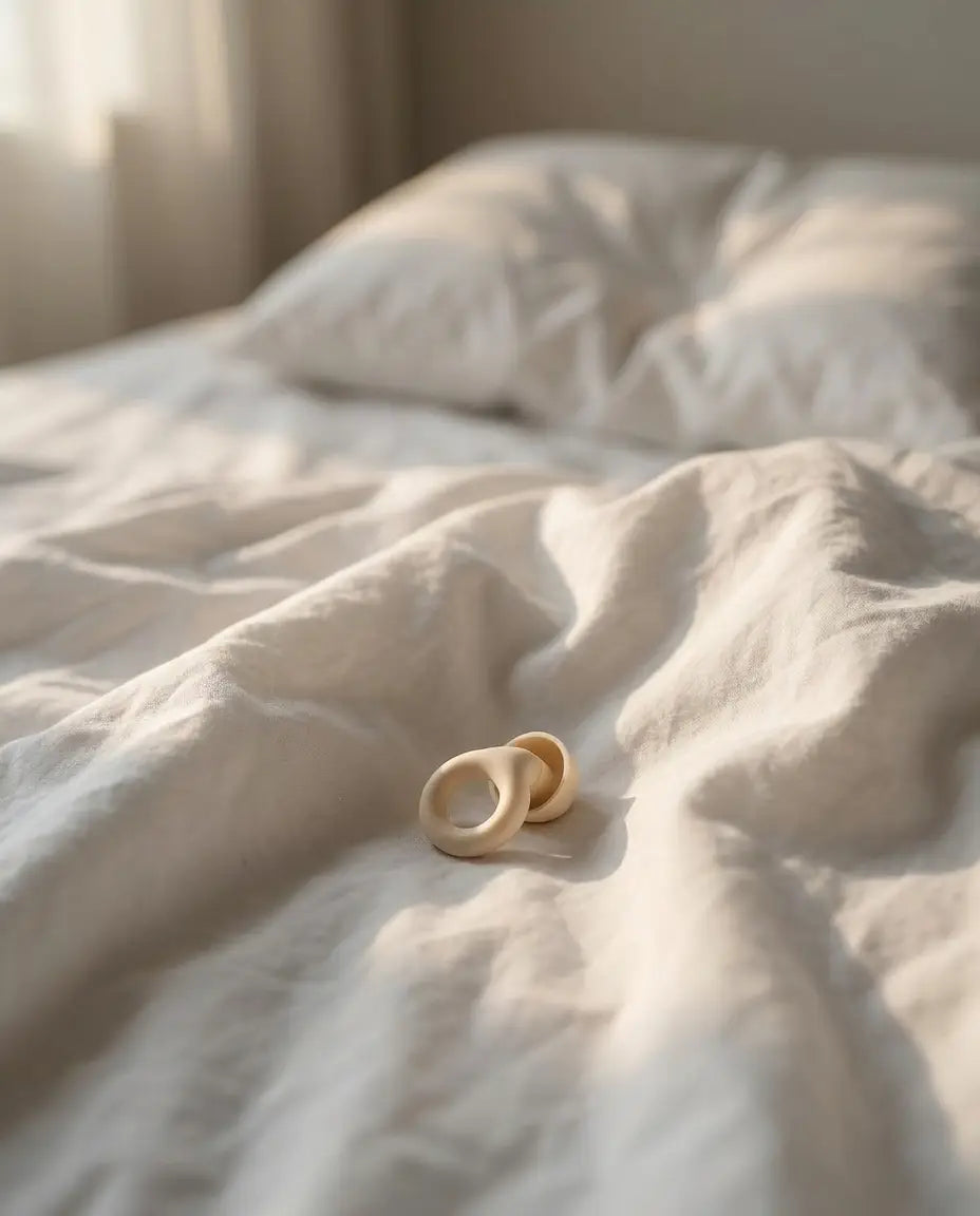 A Vespré earplug resting on white bedsheets in the morning
