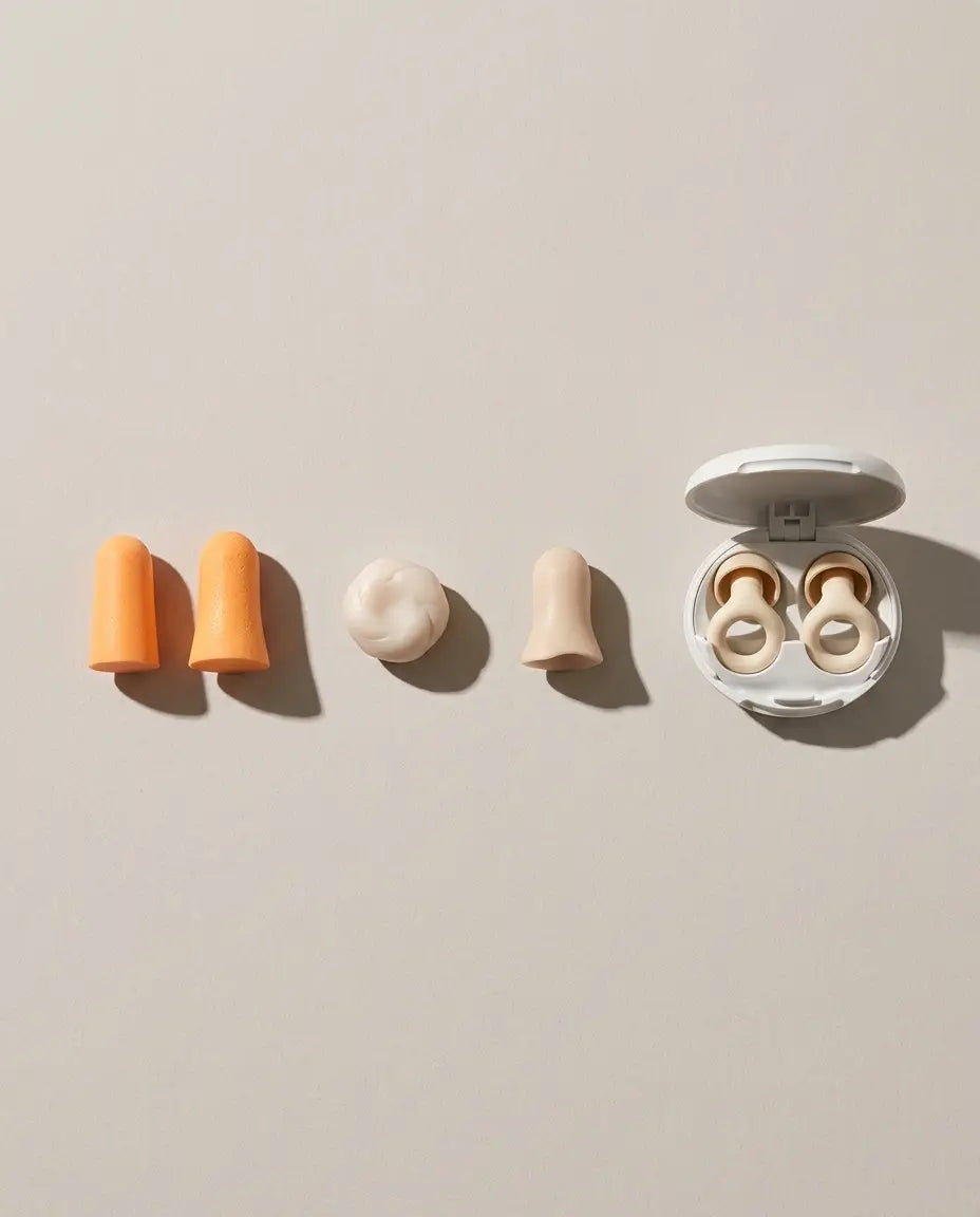 Foam, wax and silicone earplugs lined up beside an open Vespré case
