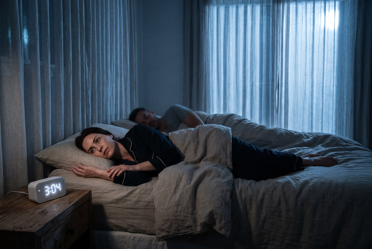 A woman lying awake in a dark bedroom as the bedside clock reads 3:04