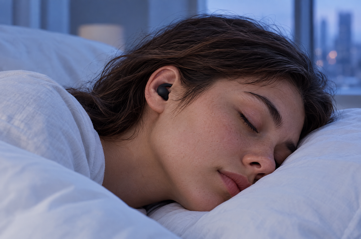 A young woman asleep on her side with a small black earplug sitting low in her ear