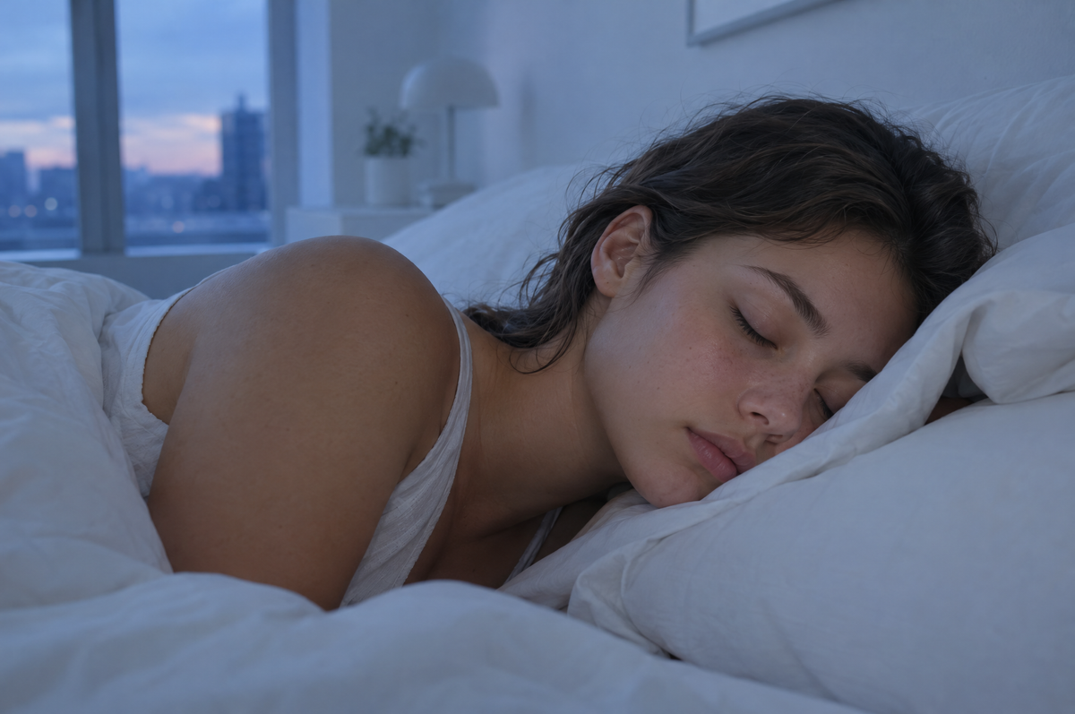 Young woman asleep on her side on a soft white pillow at dusk, her ear resting near the pillow edge