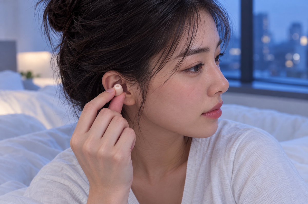 A young woman gently placing a small ivory earplug into her ear