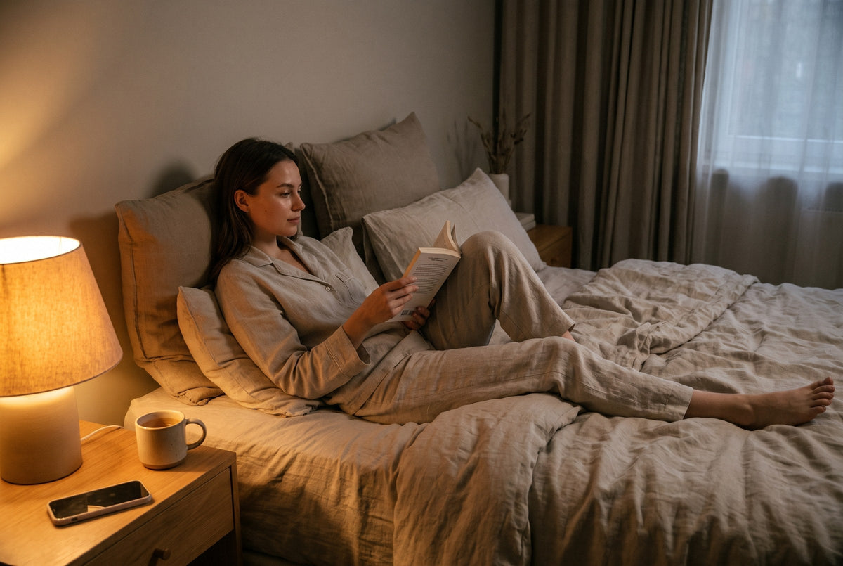 A woman reading a book in bed under a warm lamp, her phone face down