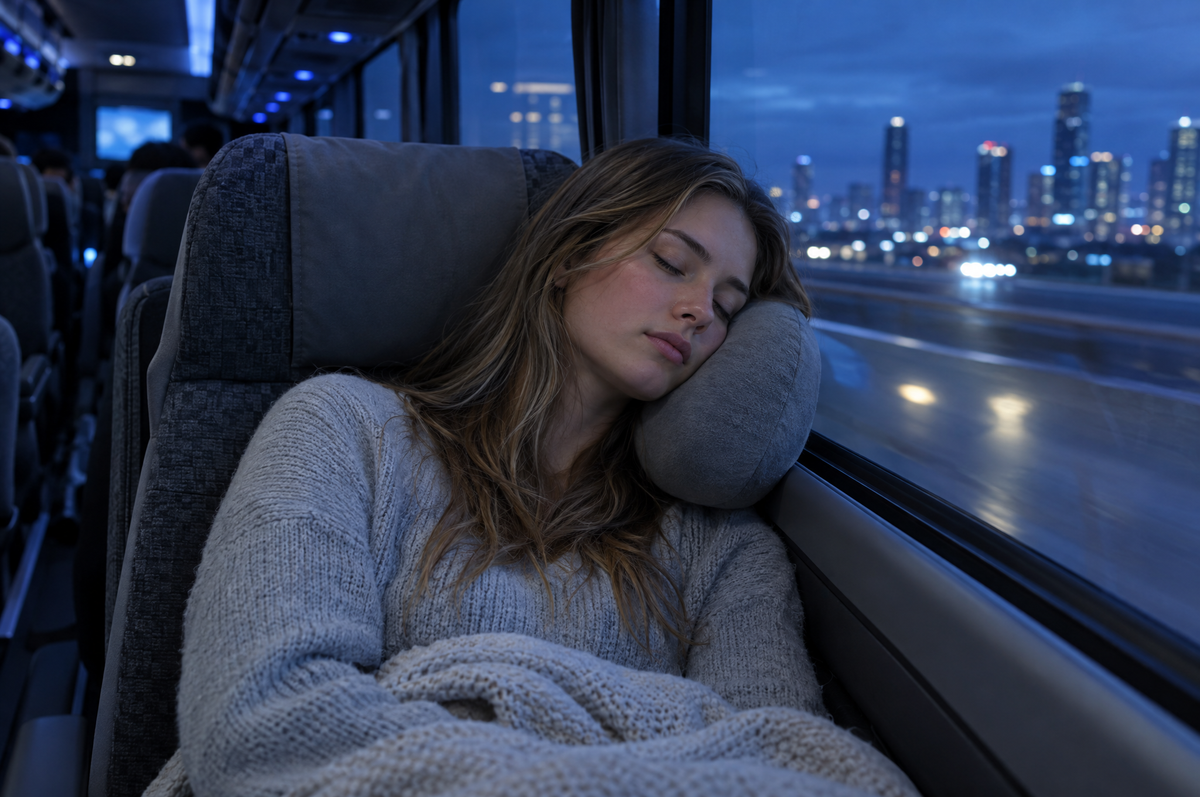 Young woman asleep in a bus window seat at night, her head on a travel pillow against the window