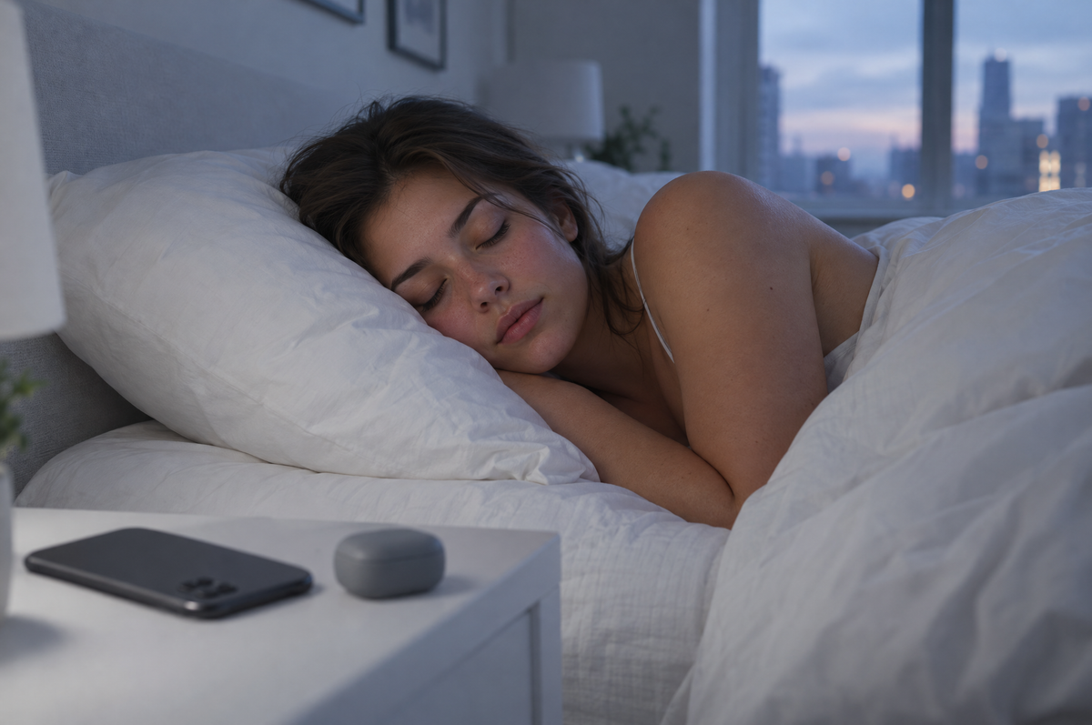 A young woman asleep on her side in a white bed at dusk, with her phone and an earbud case on the bedside table
