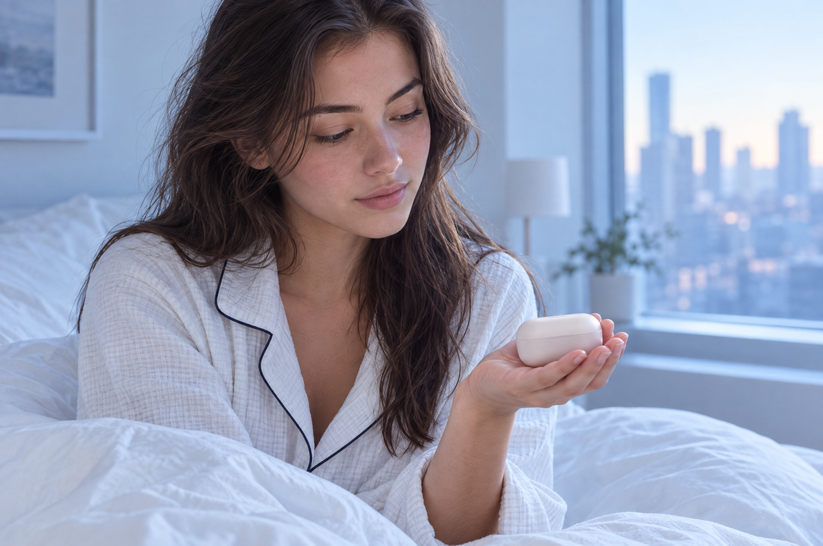 A young woman sitting in bed in the morning, holding a small earplug case