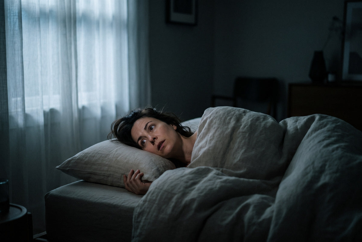 A woman lying awake in a moonlit bedroom, woken by a small sound