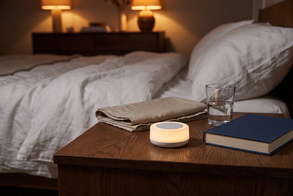 A small glowing sound machine on a nightstand beside a bed at night