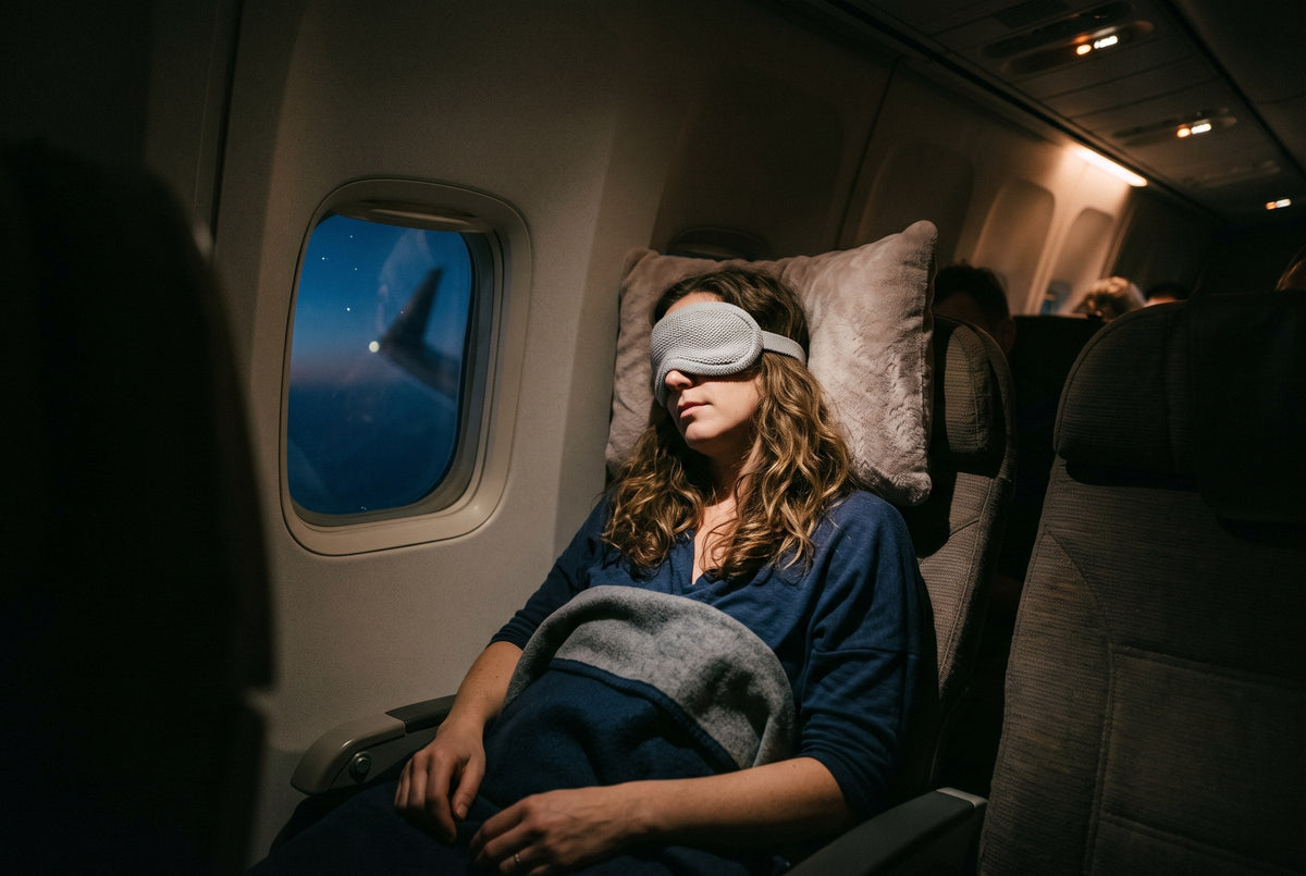 A woman asleep in a window seat on a night flight wearing a sleep mask