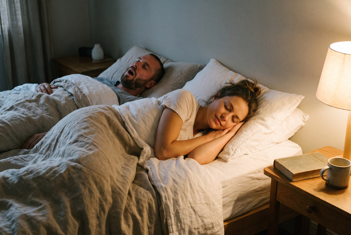 A man snoring on his back while his partner sleeps peacefully beside him
