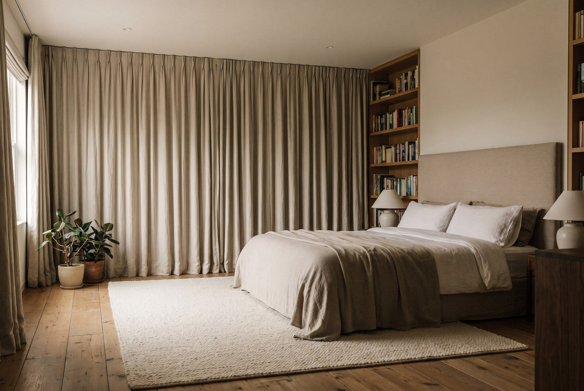 A calm bedroom with heavy curtains, a thick rug and a bookcase on the wall