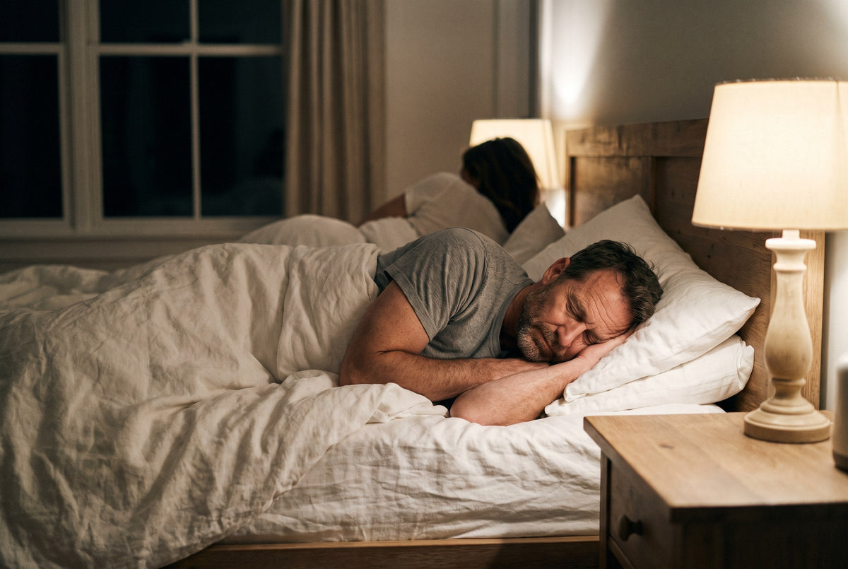 A man asleep on his side in a lamp-lit bedroom, his partner asleep behind him
