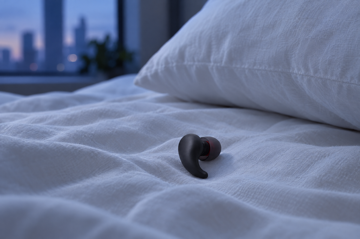 A single black earplug with a curved fin lying on white bedding below a pillow at dusk