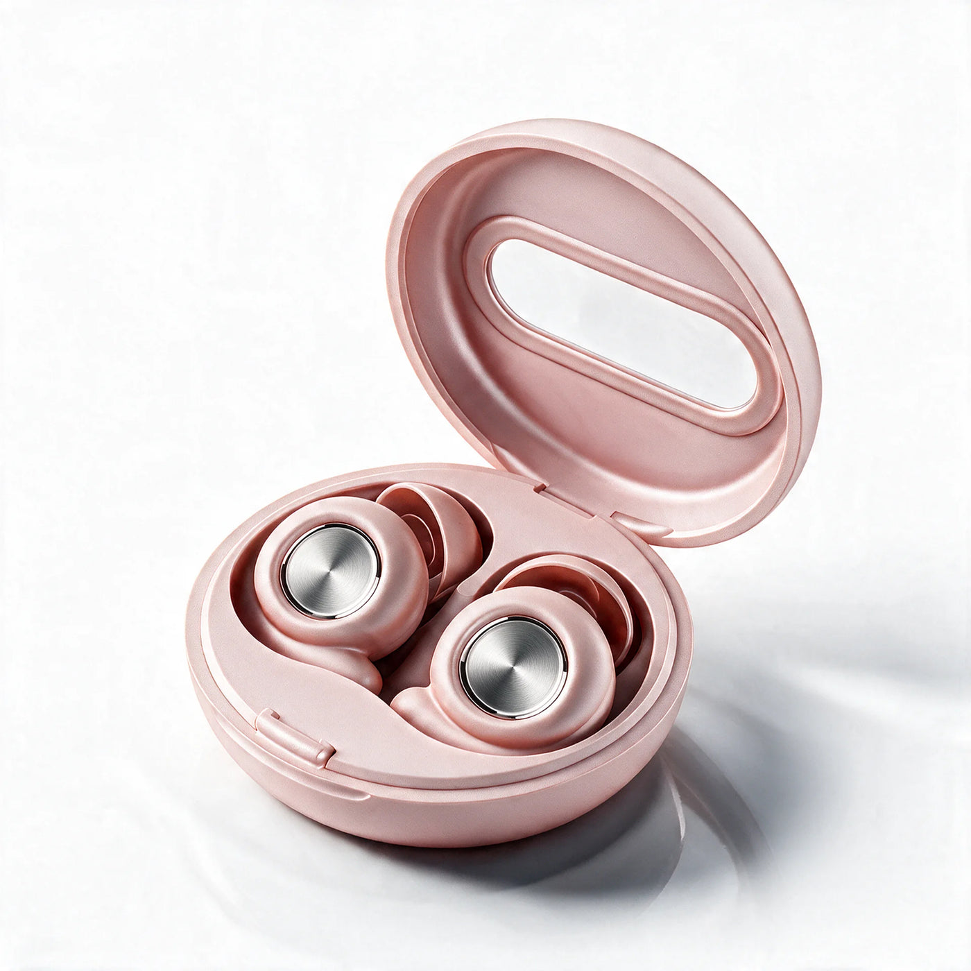 Vespré Pro in Blush, case open with both earbuds