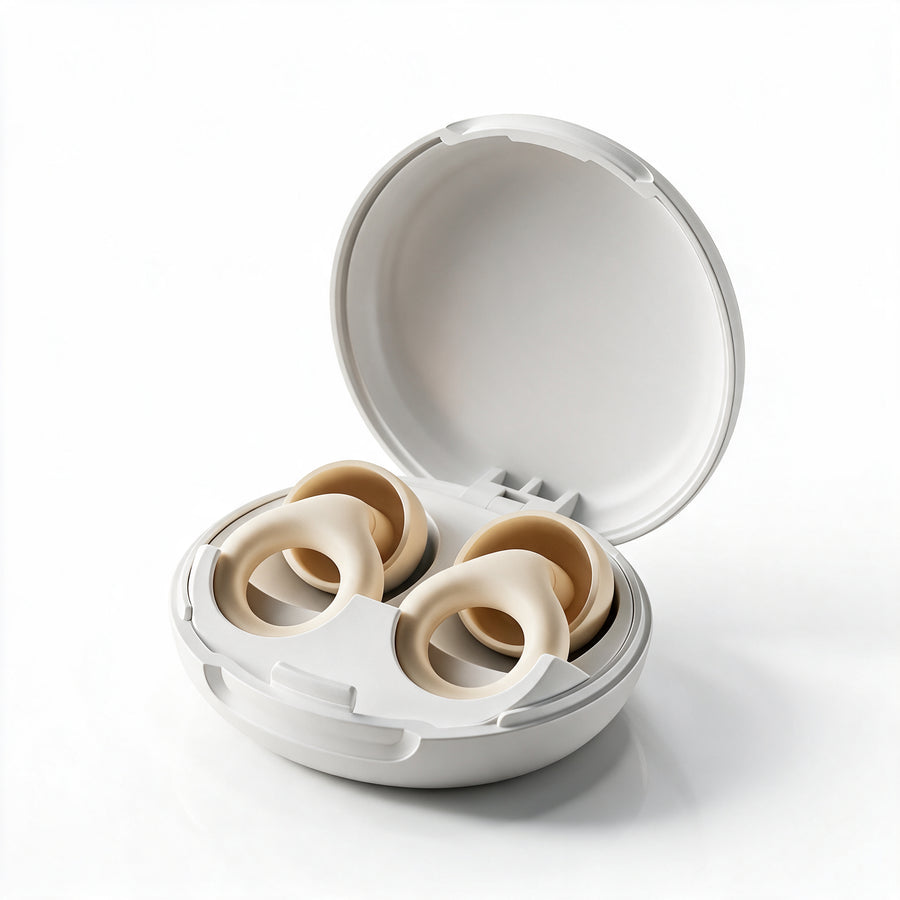 Vespré Slim earplugs beside their case on a nightstand