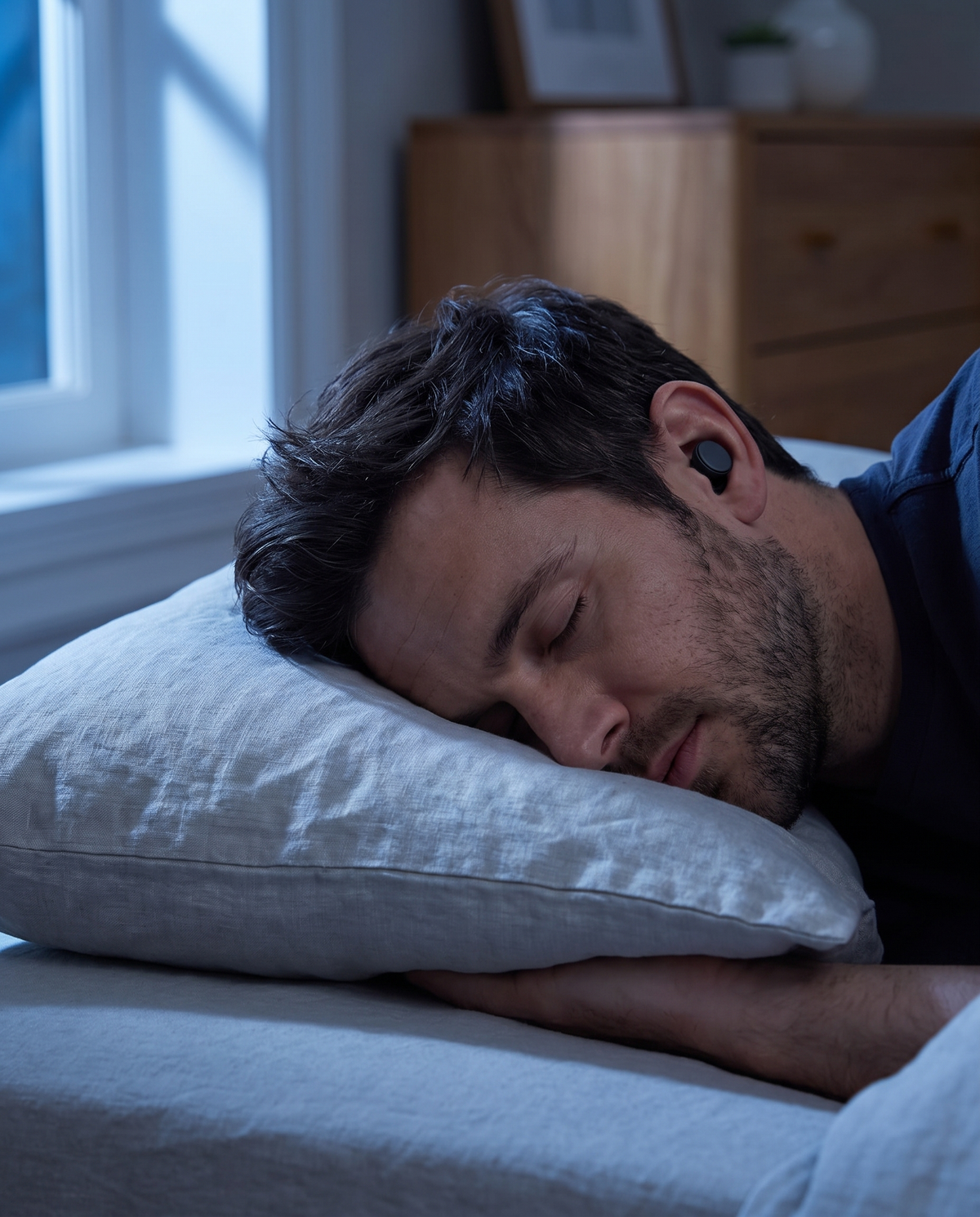 A man asleep on his side wearing a Vespré Rest earplug, sitting low in the ear