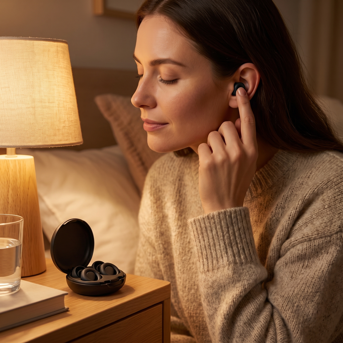 A woman pressing a Vespré Deep earplug into her ear at bedtime