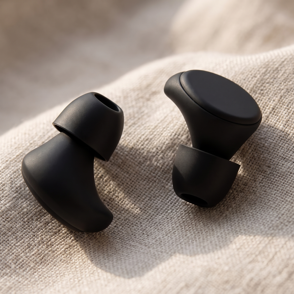 Two Vespré Rest earplugs up close on linen, soft tip and rounded back
