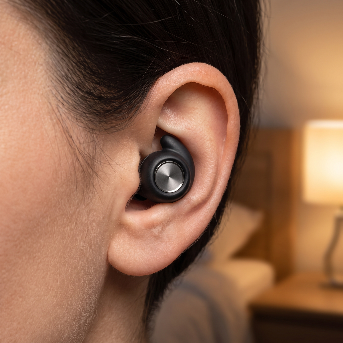 Vespré Grip earplug seated low in the ear, brushed metal cap showing