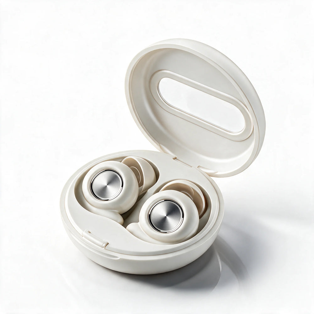 Vespré Pro in Cloud, case open with both earbuds