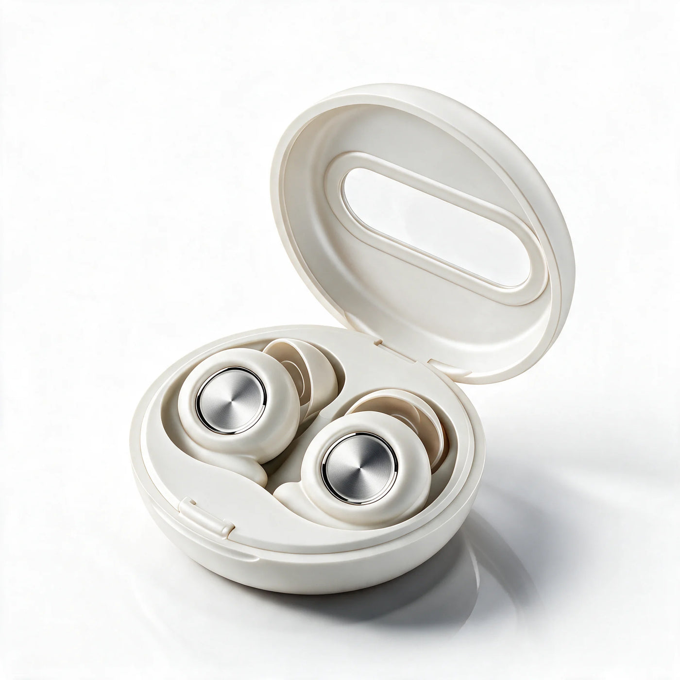 Vespré Pro in Cloud, case open with both earbuds