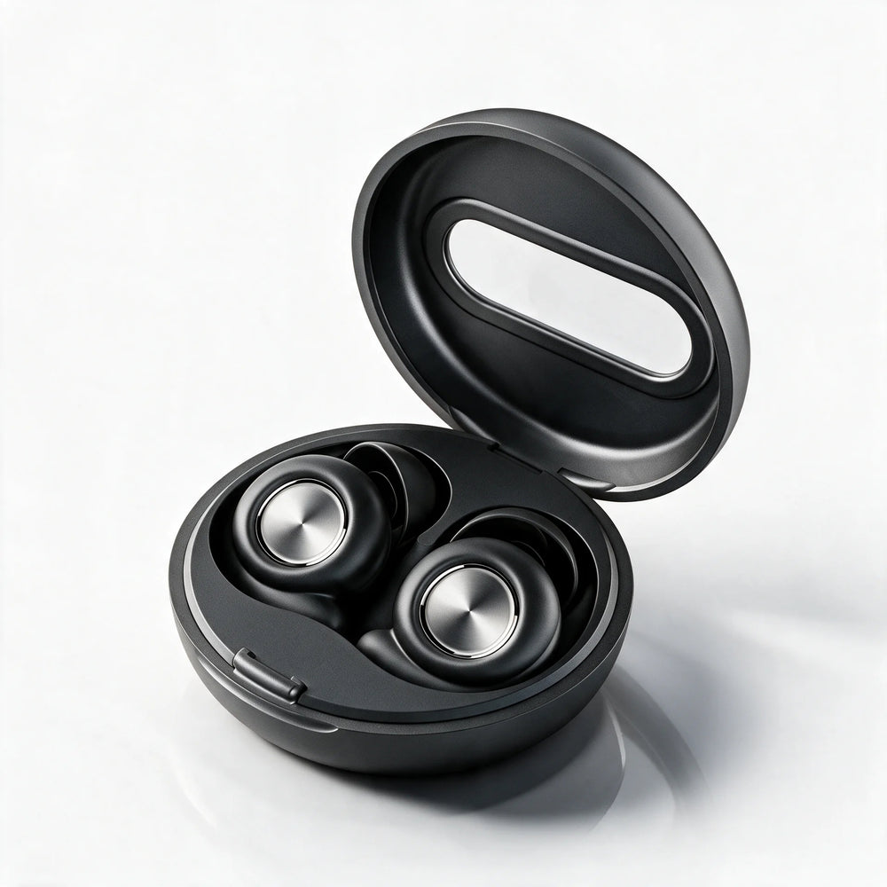Vespré Pro in Ink, case open with both earbuds