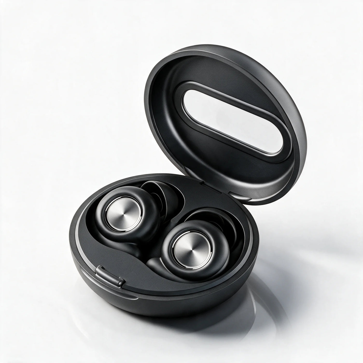 Vespré Pro in Ink, case open with both earbuds