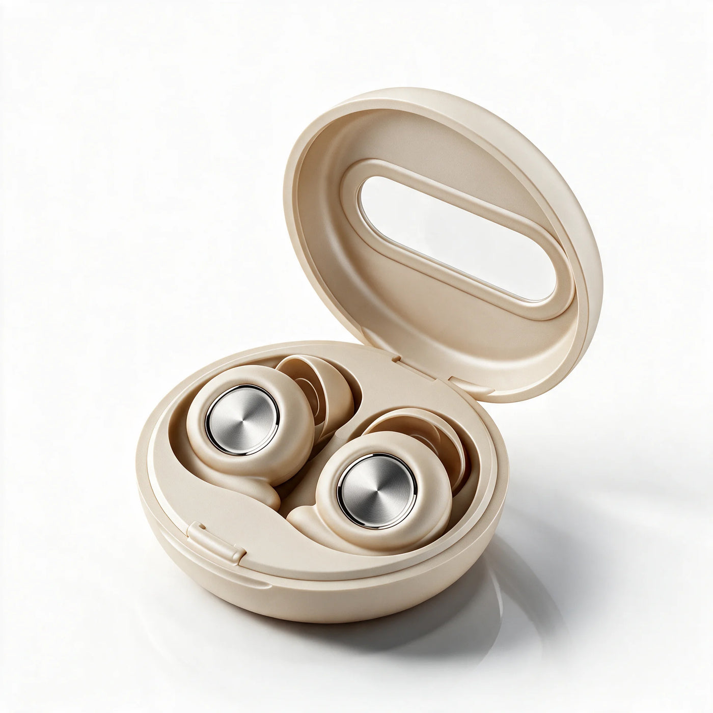 Vespré Pro in Sand, case open with both earbuds