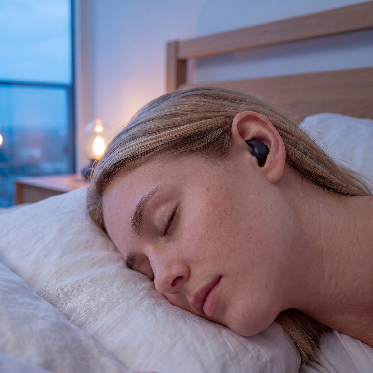 A young woman asleep on her side with a Vespré earplug in her ear