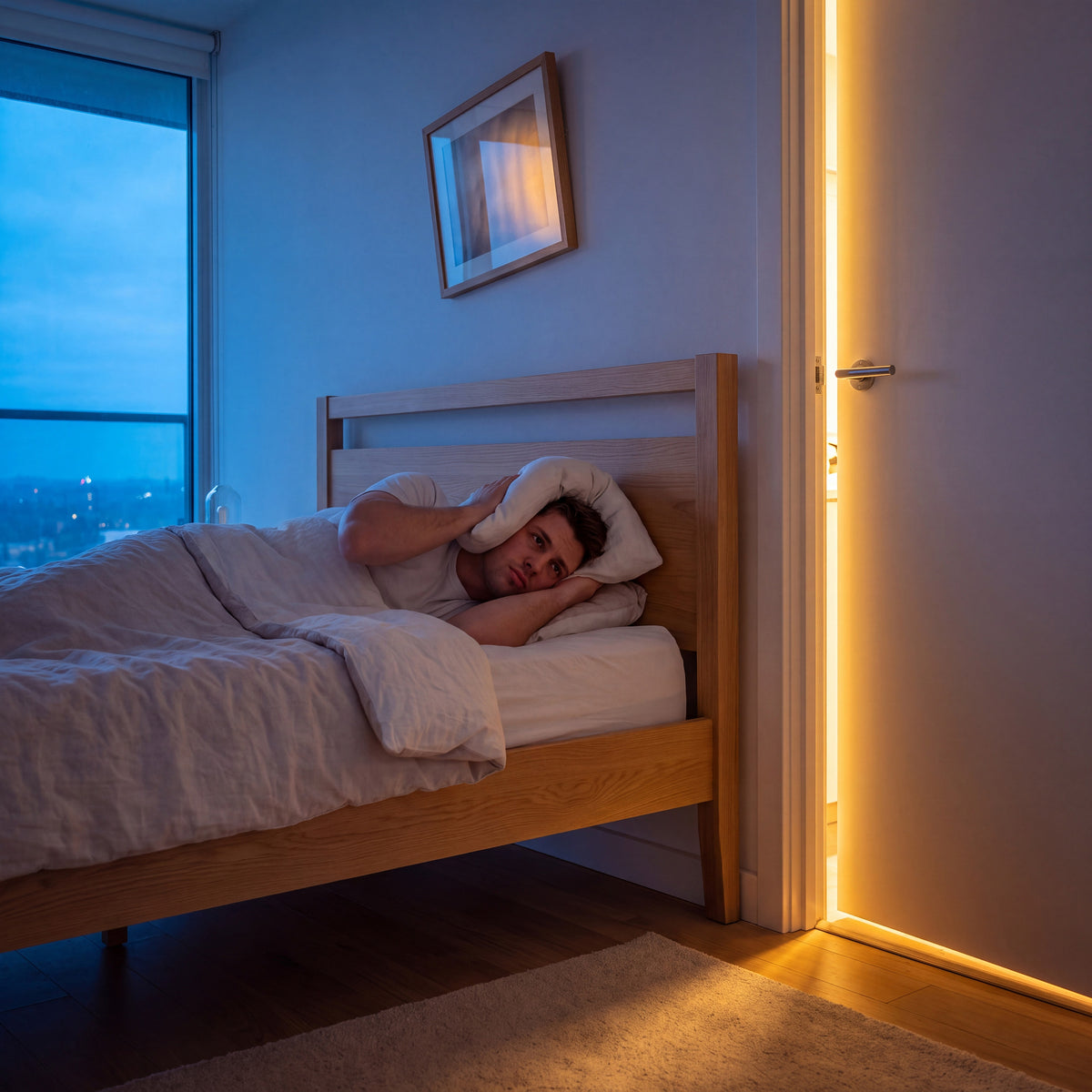 A woman lying awake in bed while a party carries on next door