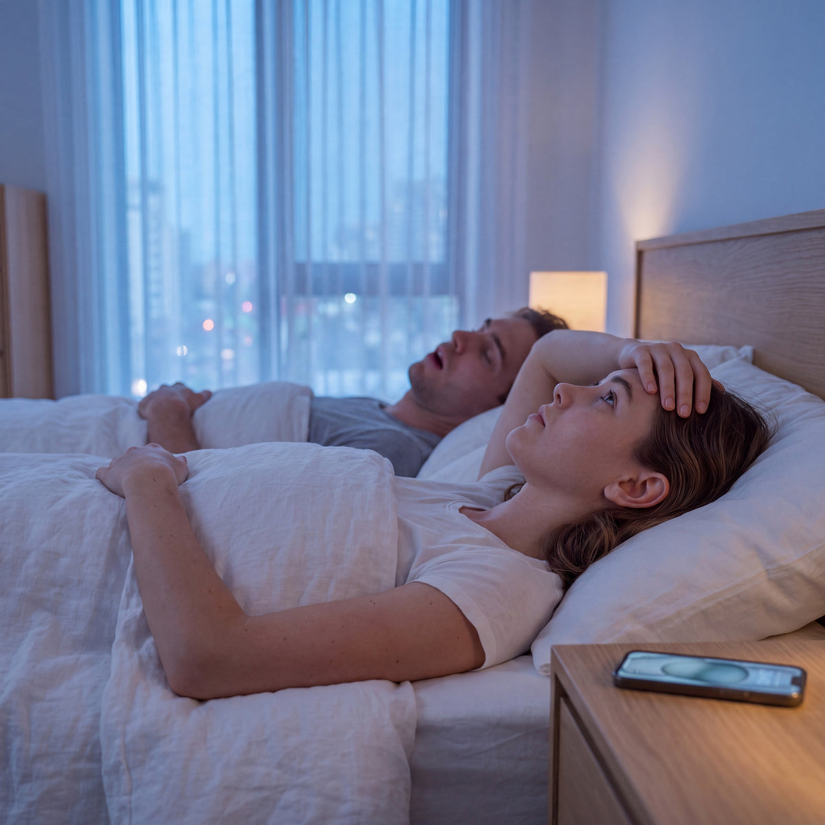 A woman lying awake at 1am while her partner snores beside her