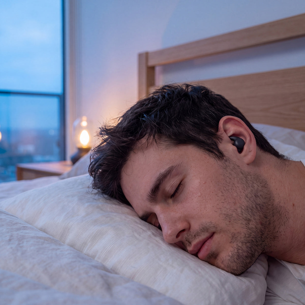 A woman asleep on her side with a Vespré Wing earplug sitting low in her ear