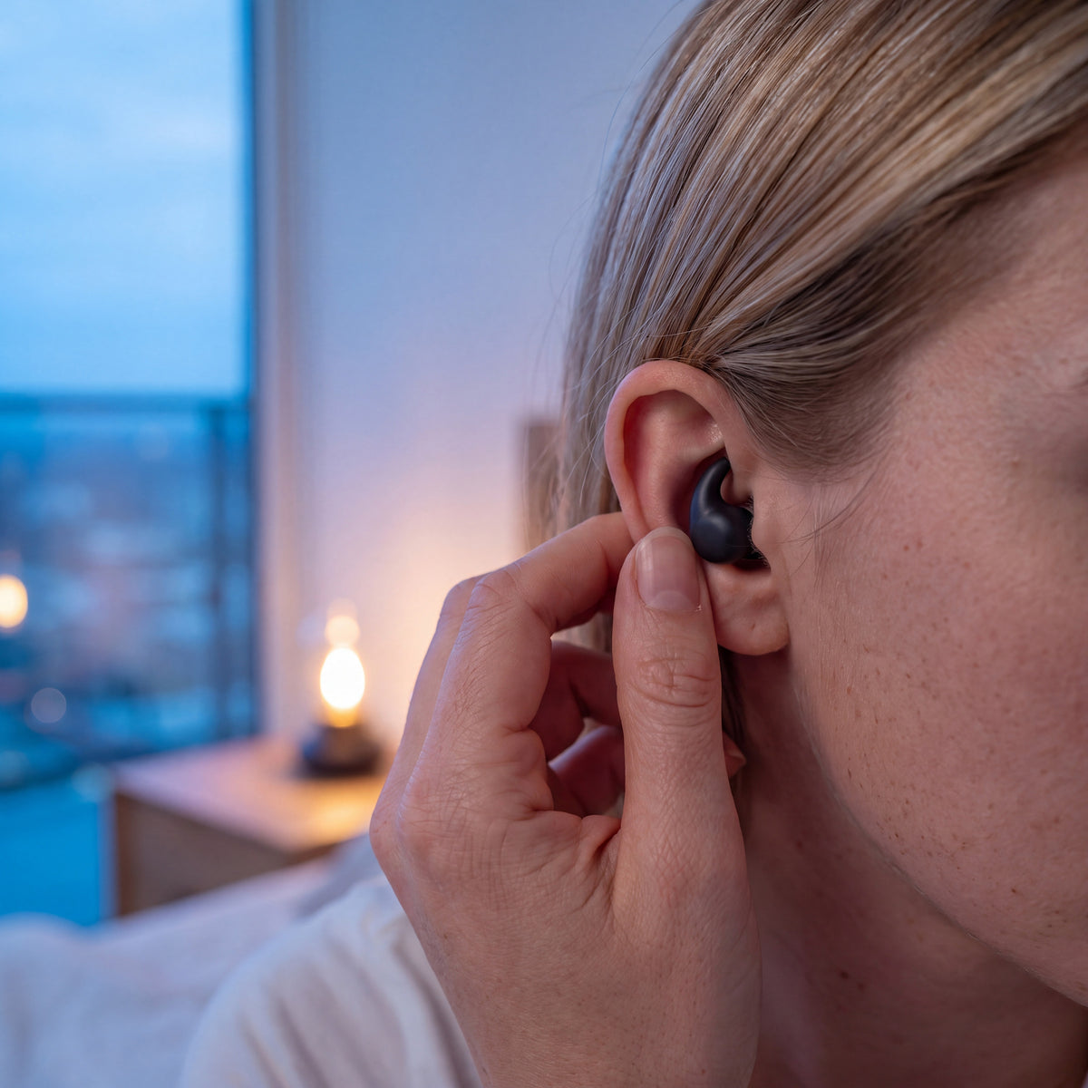 Fingers gently twisting a Vespré Wing earplug into the ear at bedtime