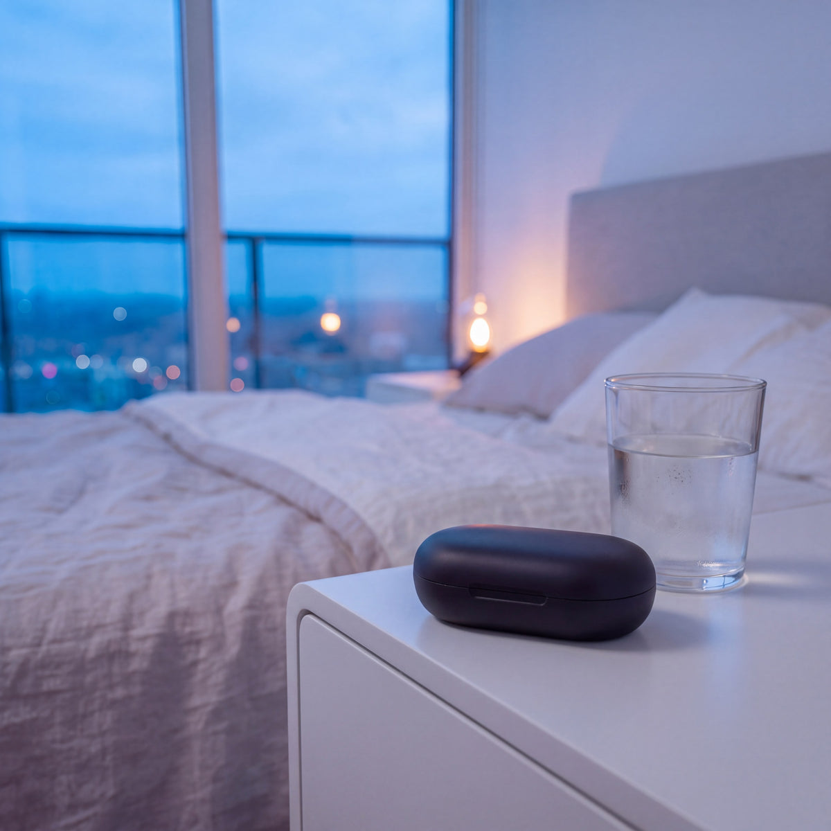 A closed Vespré Deep case on an oak nightstand beside a glass of water