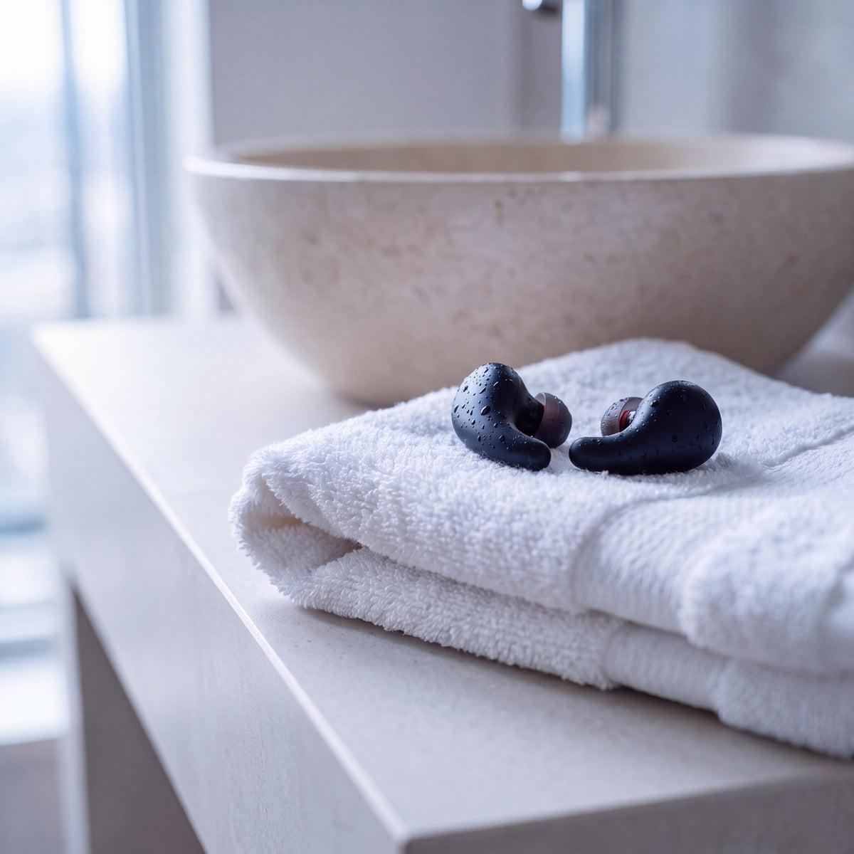 Two ivory Vespré Rest earplugs air drying on a folded white towel beside a basin
