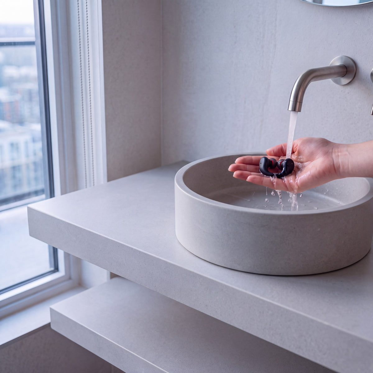 A hand rinsing an ivory Vespré Rest earplug under warm running water at a basin
