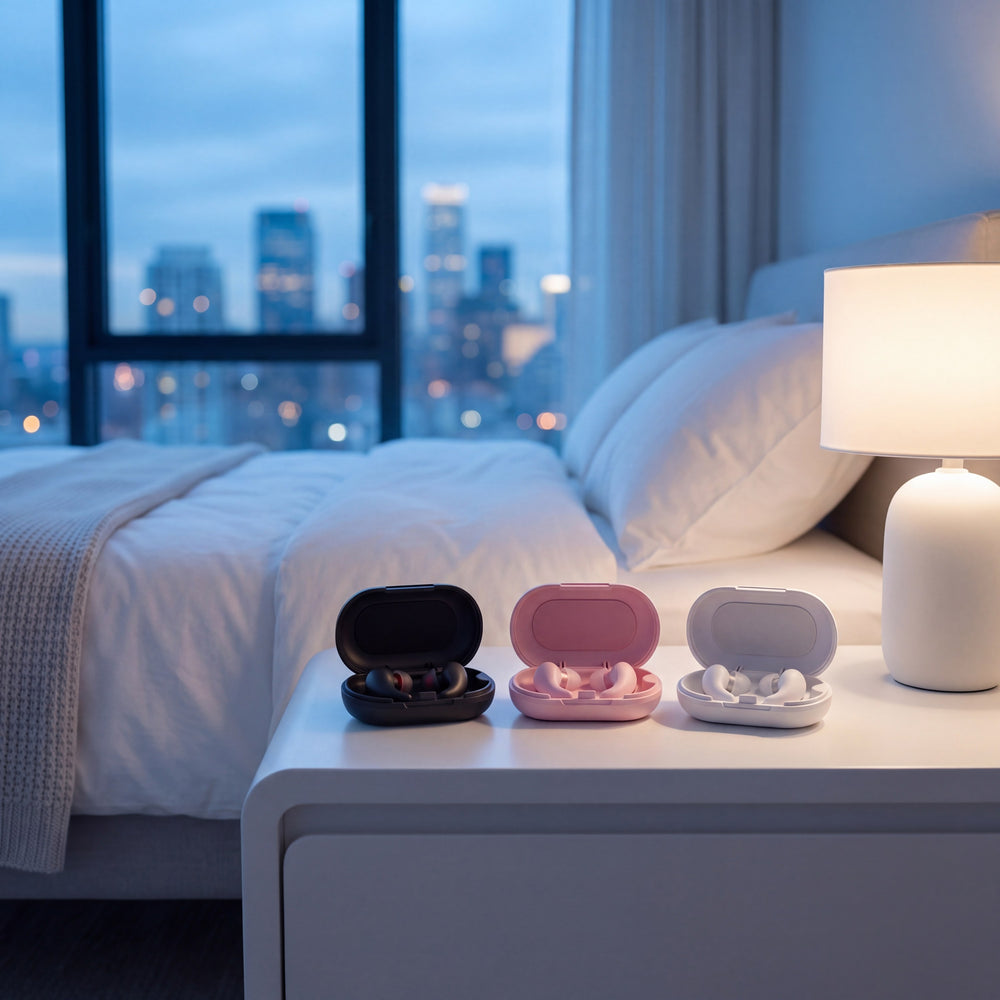 Three Vespré Wing cases open on a bedside table, in Matte Black, Rose and Cloud