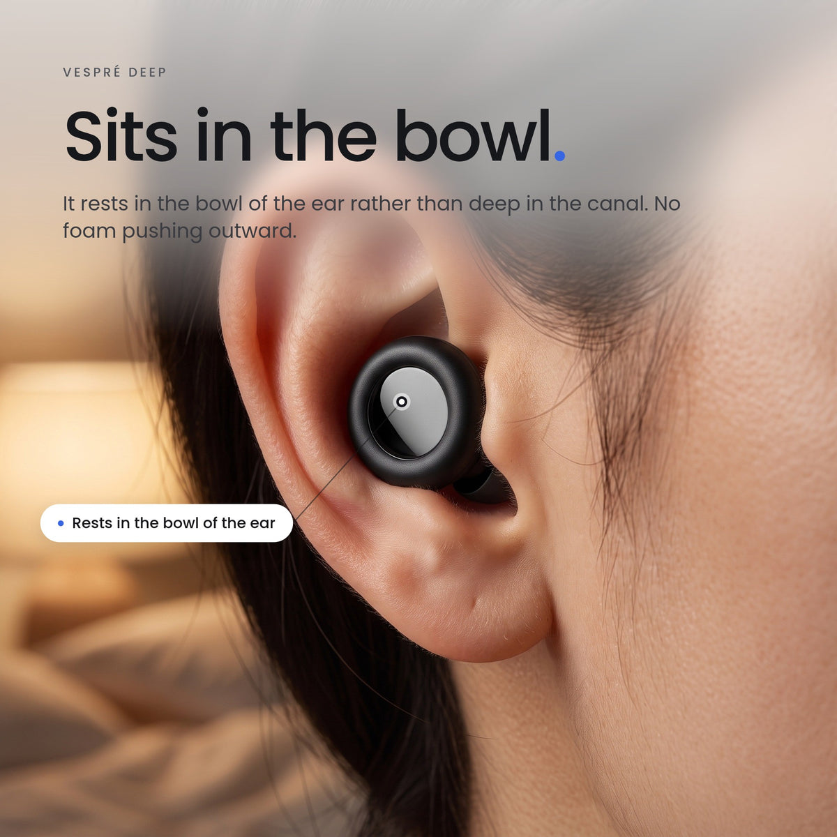 Sits in the bowl. It rests in the bowl of the ear rather than deep in the canal. No foam pushing outward.