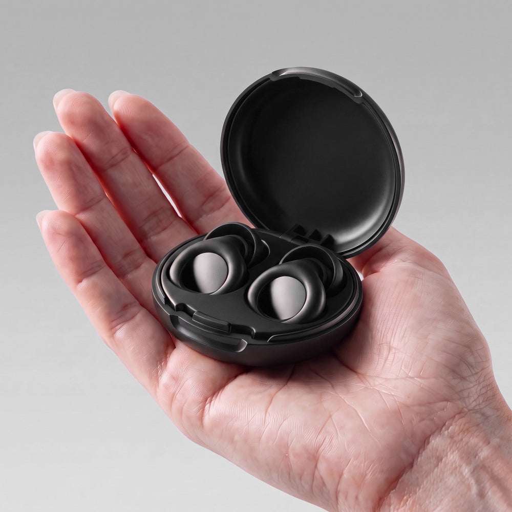Vespré Deep in Matte Black, open case held in a hand for scale