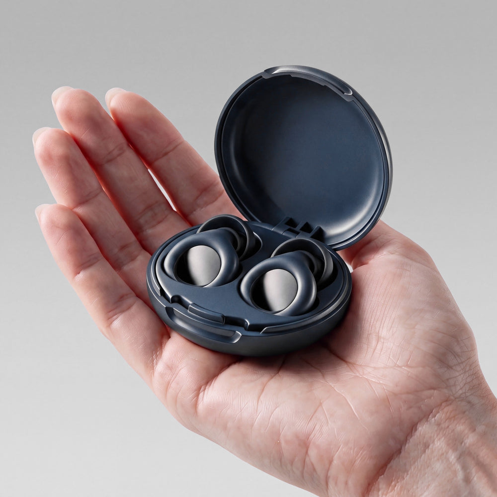 Vespré Deep in Navy Blue, open case held in a hand for scale