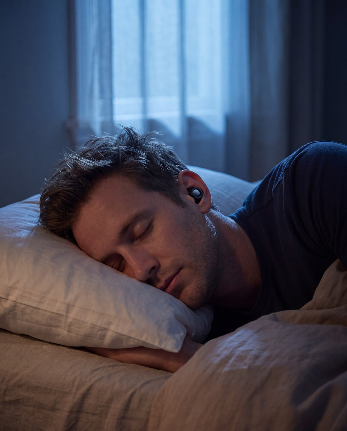A man asleep on his side wearing Vespré Deep