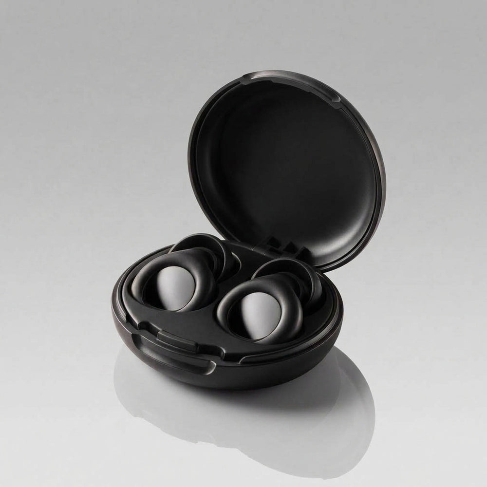 Vespré Deep in Matte Black, case open with both earplugs