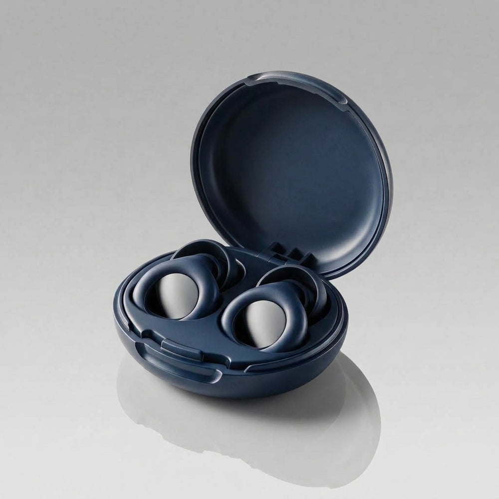 Vespré Deep in Navy Blue, case open with both earplugs