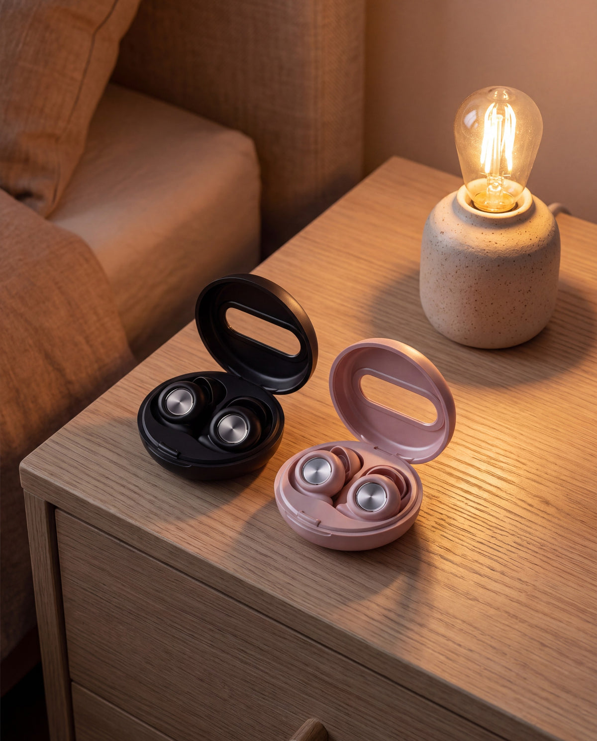 Two Vespré Grip cases open on a nightstand, black and rose