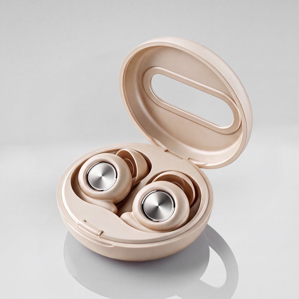 Vespré Grip in Ivory, case open with both earplugs