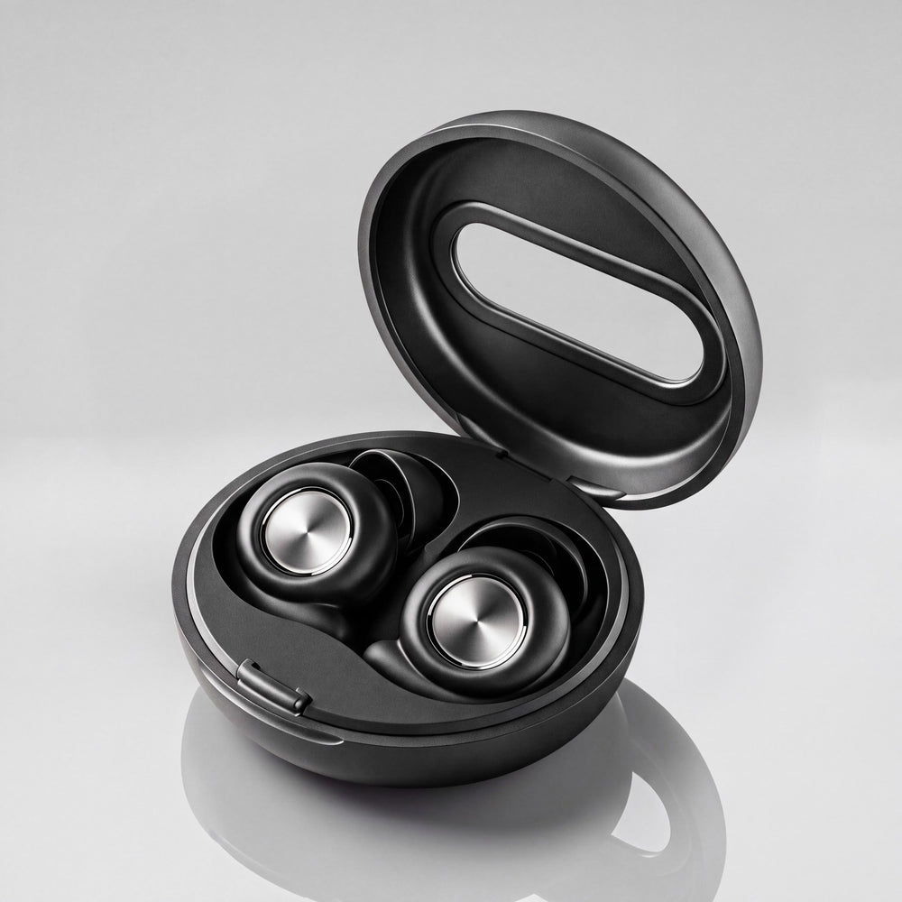 Vespré Grip in Matte Black, case open with both earplugs