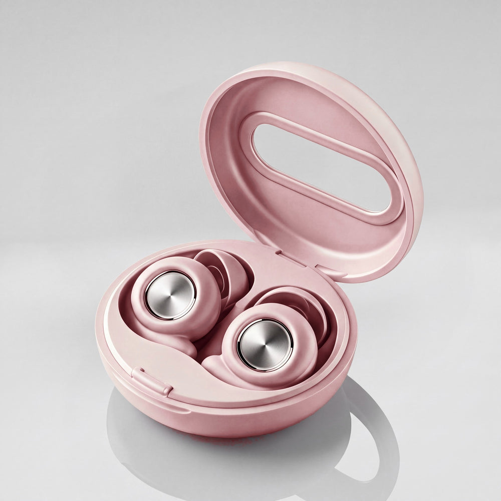 Vespré Grip in Rose, case open with both earplugs